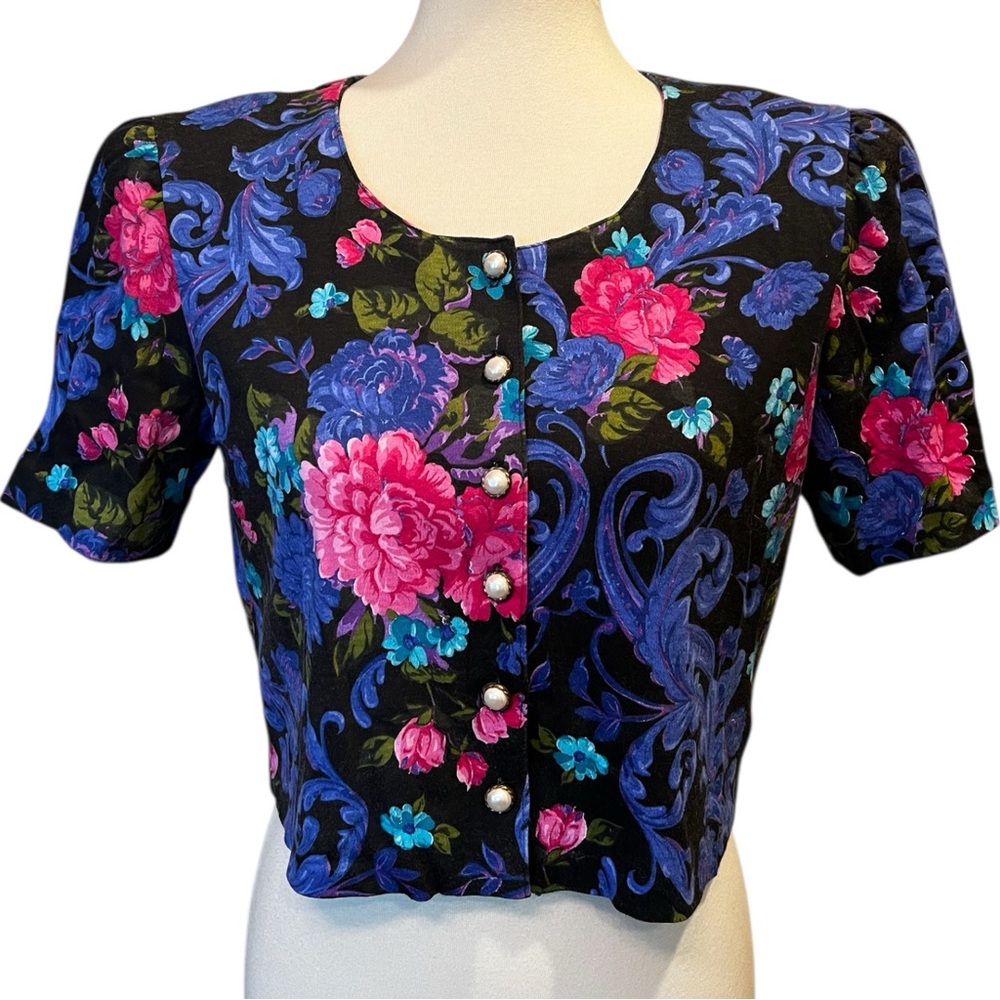Vintage Paquette Too! Floral Black Crop Top Size 8 Multicolor Retro Blouse